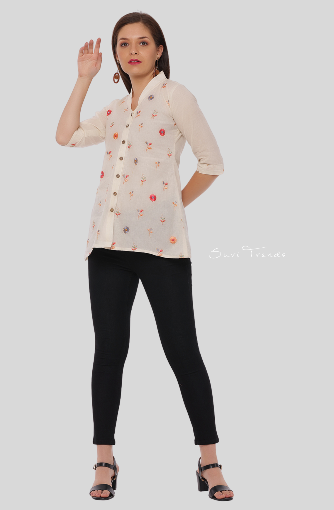 All Over Floral Embroidered A-Line Kurti - Off White