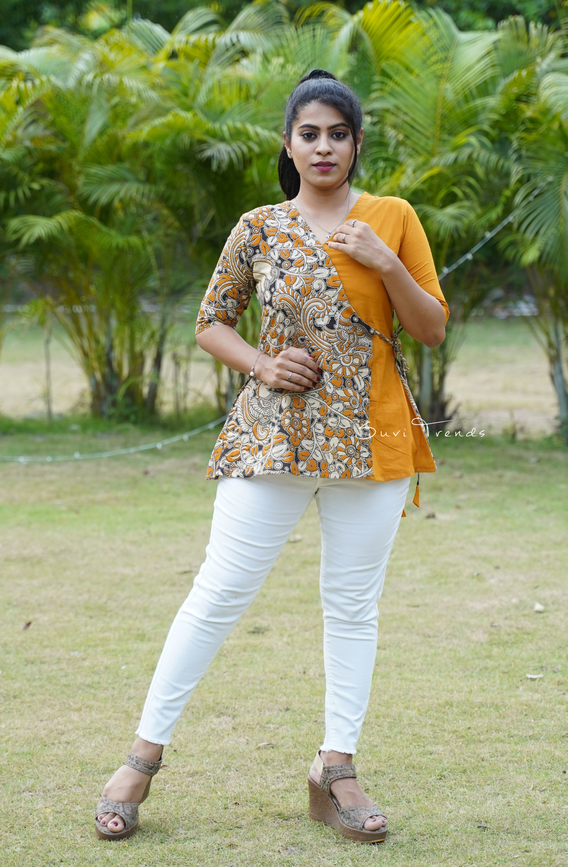 Angrakha Style Kalamkari Short Kurti - Mustard Yellow