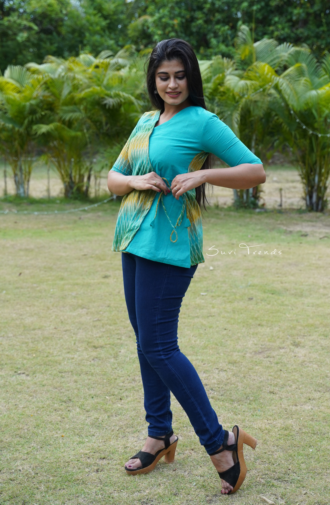 Angrakha Style Ikat Short Kurti - Aqua