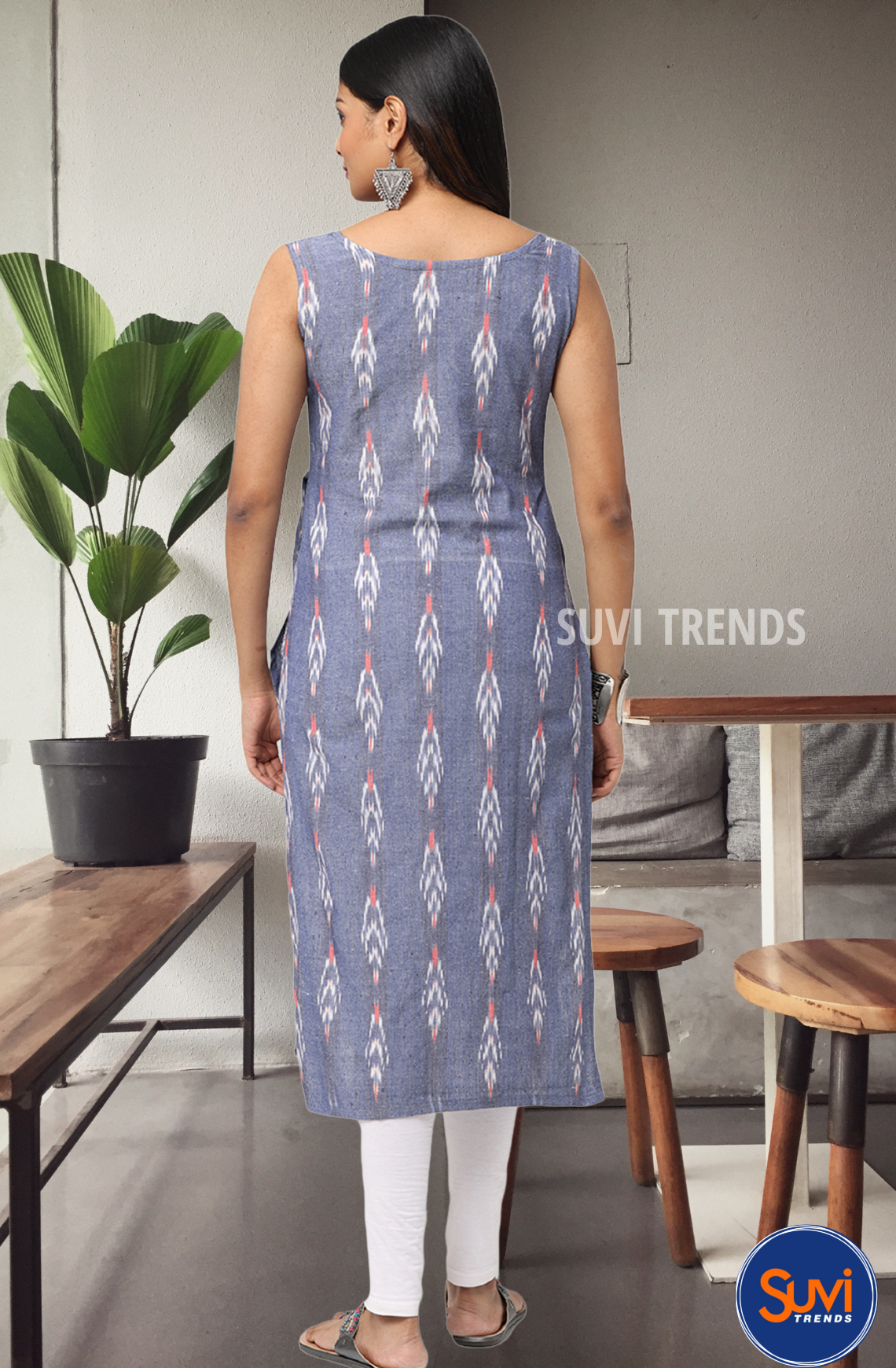 Light Blue 3/4th Sleeve Attached Ikat Kurta