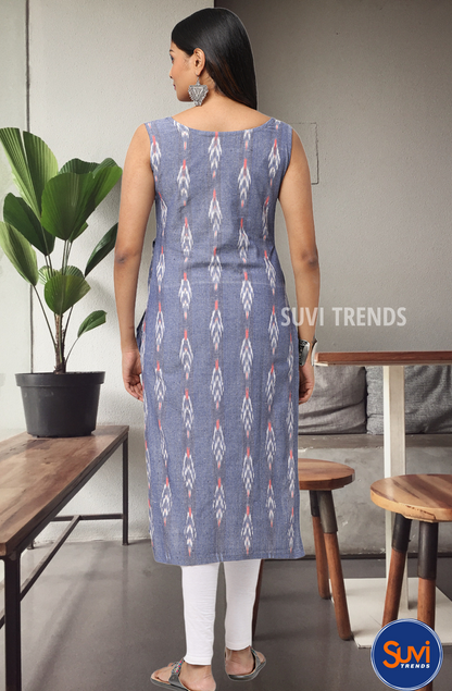 Light Blue 3/4th Sleeve Attached Ikat Kurta