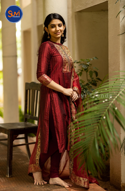 Maroon Chanderi Cotton Silk Kurti with Soft Organza Dupatta