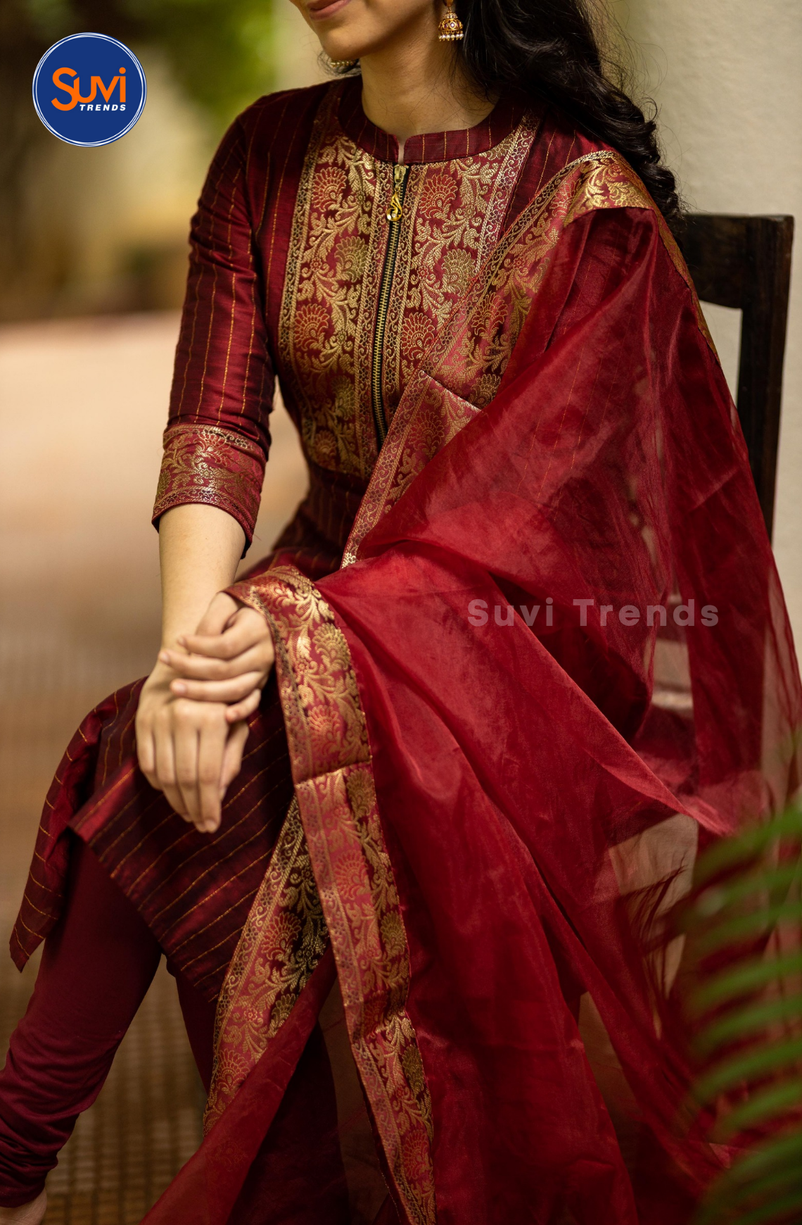 Maroon Chanderi Cotton Silk Kurti with Soft Organza Dupatta