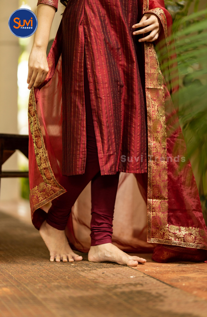 Maroon Chanderi Cotton Silk Kurti with Soft Organza Dupatta