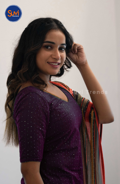 Wine Net Sequins Top with Multi-Colour Dupatta