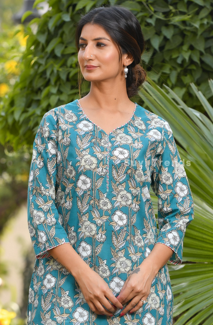 Floral Printed Long Kurta - Torquoise