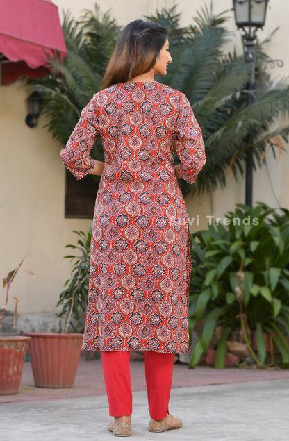 Ajrakh Printed Straight Kurta - Red