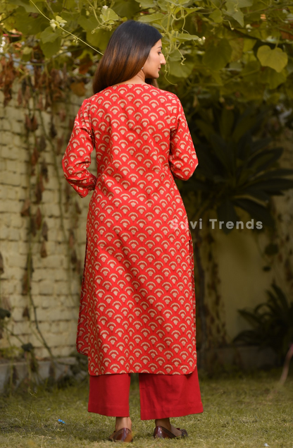 Scallop Printed Cotton Kurta - Red