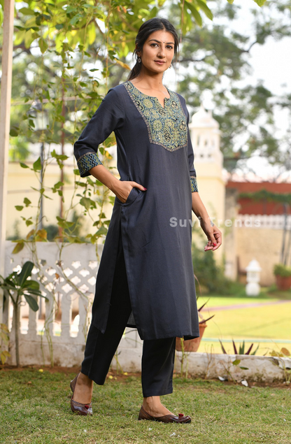 Navy Blue Ajrakh Linen Kurta