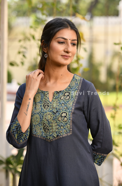 Navy Blue Ajrakh Linen Kurta