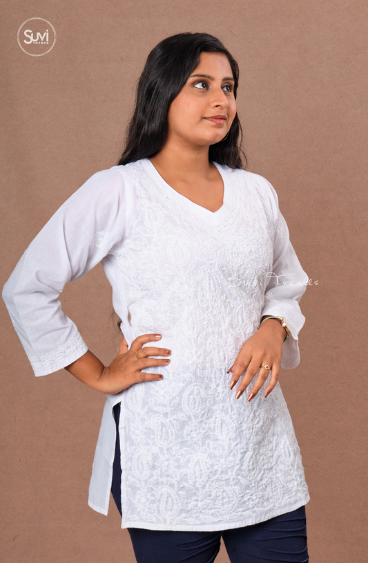 Lucknowi Hand Embroidered Chikankari Top - White