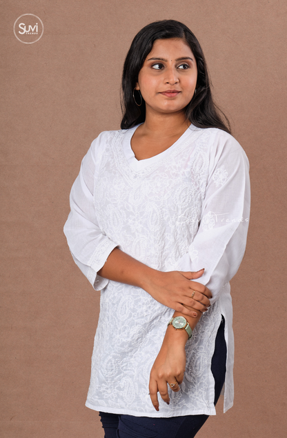 Lucknowi Hand Embroidered Chikankari Top - White