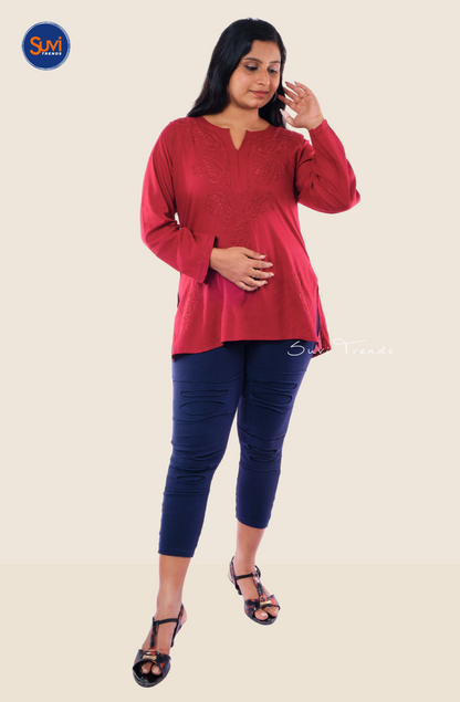 Lucknowi Hand Embroidered Chikankari Top - Maroon