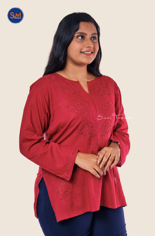Lucknowi Hand Embroidered Chikankari Top - Maroon