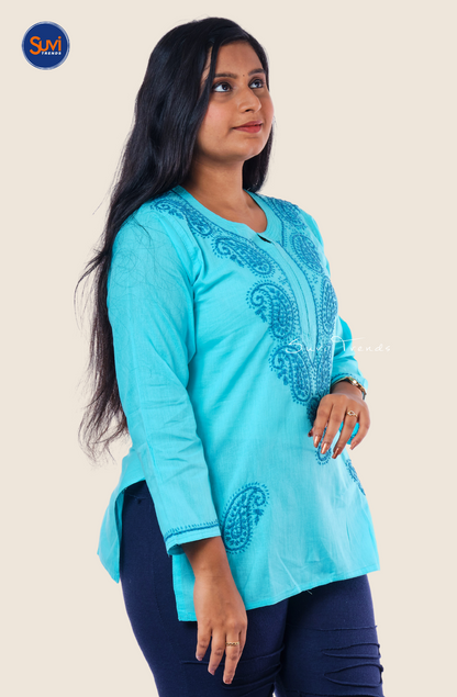 Lucknowi Hand Embroidered Chikankari Top - Aqua