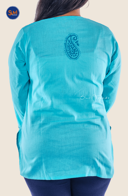 Lucknowi Hand Embroidered Chikankari Top - Aqua
