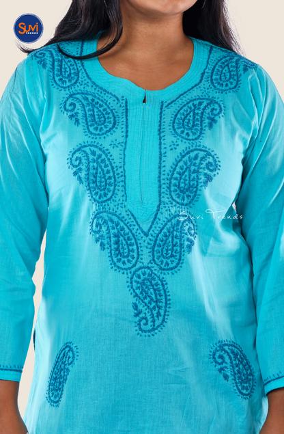 Lucknowi Hand Embroidered Chikankari Top - Aqua