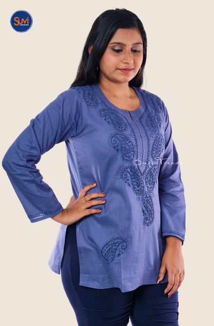Lucknowi Hand Embroidered Chikankari Top - Ink Blue