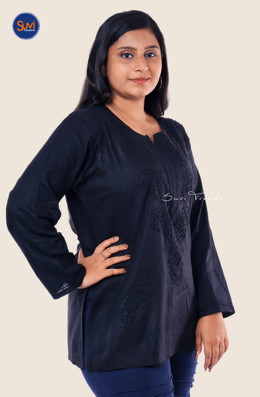 Lucknowi Hand Embroidered Chikankari Top - Black