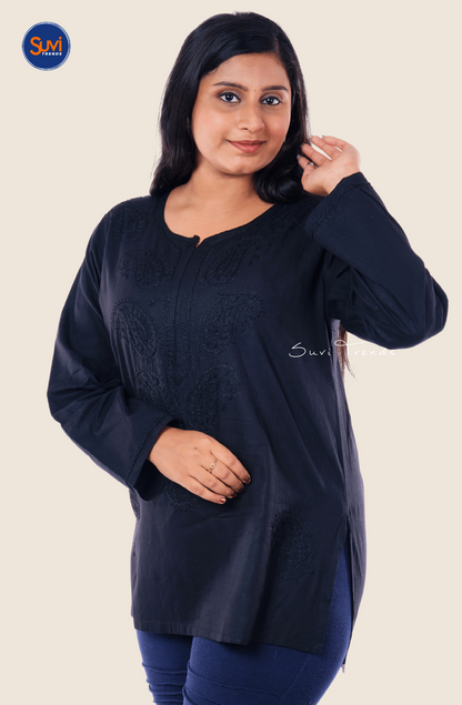 Lucknowi Hand Embroidered Chikankari Top - Black