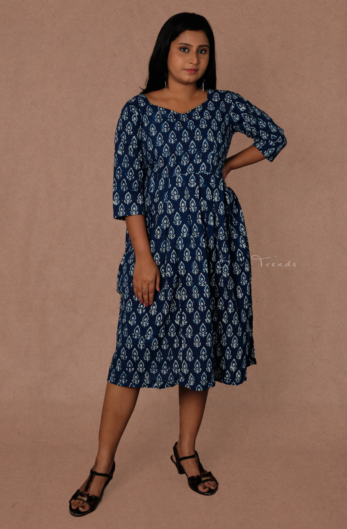 Plant Motif Printed Dress - Blue