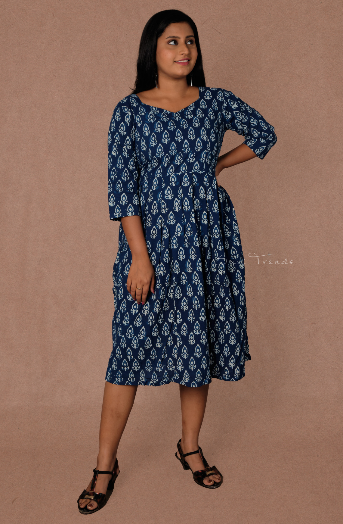 Plant Motif Printed Dress - Blue