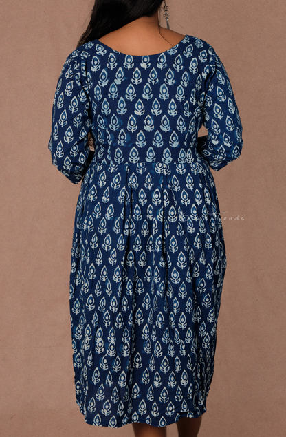 Plant Motif Printed Dress - Blue