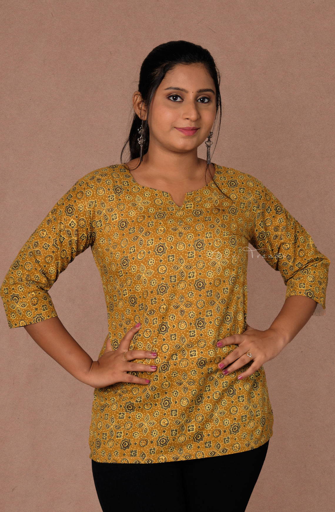 Ajrakh Printed Straight Kurti - Mustard