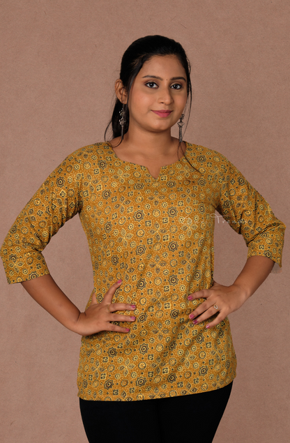 Ajrakh Printed Straight Kurti - Mustard