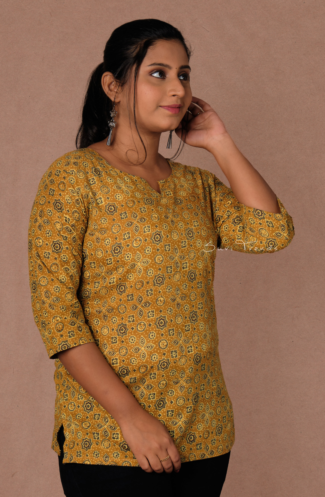 Ajrakh Printed Straight Kurti - Mustard