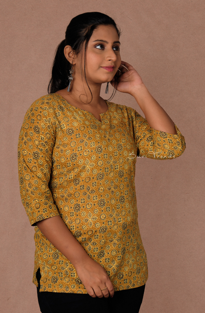 Ajrakh Printed Straight Kurti - Mustard