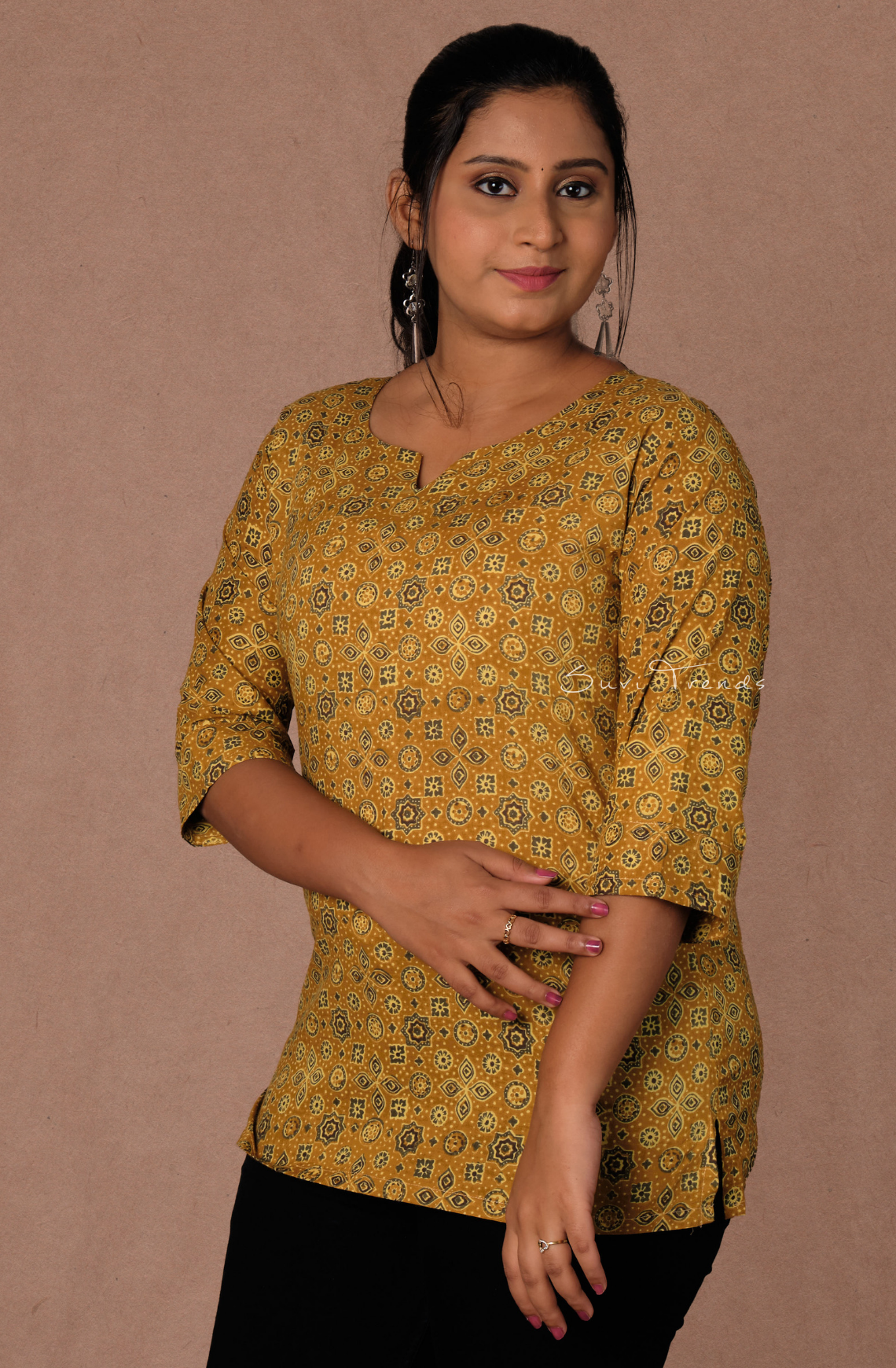 Ajrakh Printed Straight Kurti - Mustard