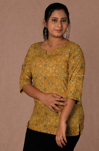 Ajrakh Printed Straight Kurti - Mustard
