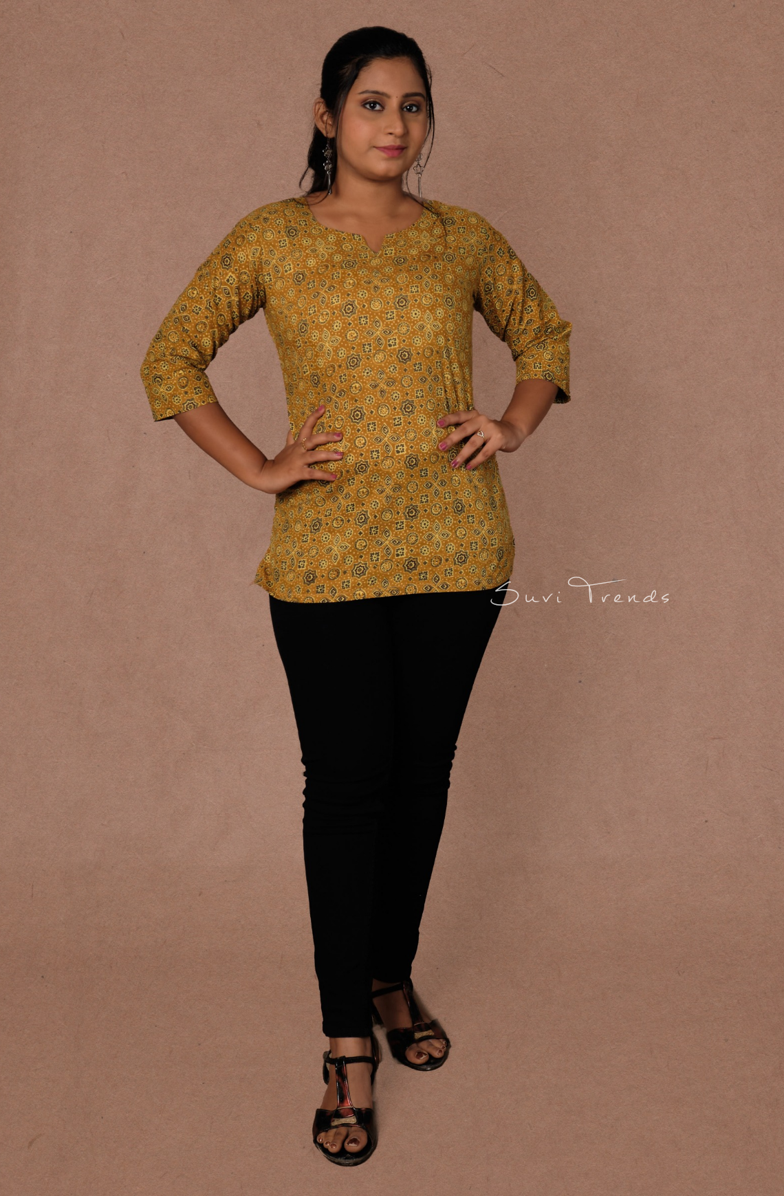 Ajrakh Printed Straight Kurti - Mustard
