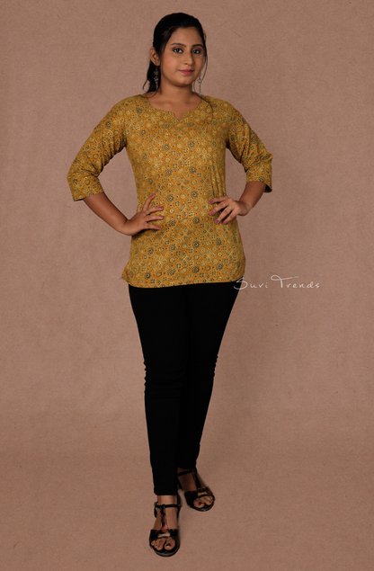 Ajrakh Printed Straight Kurti - Mustard
