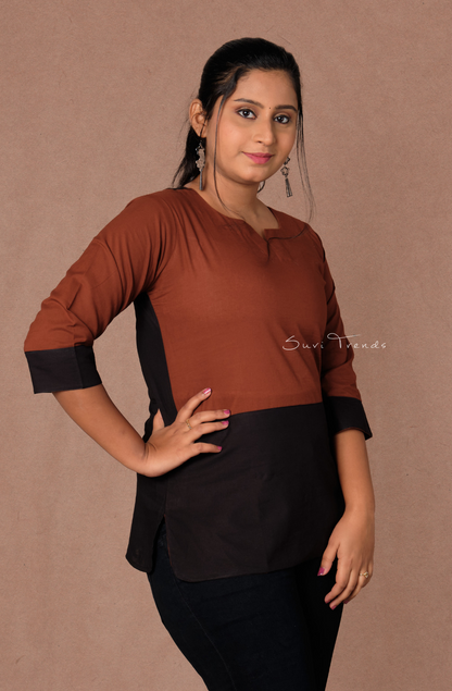 Solid Multi-Colour Straight Kurti - Brown & Black