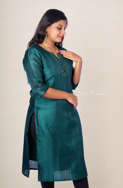 Solid Striped Kurta with Embellishment - Peacock Green