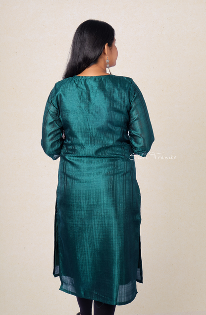 Solid Striped Kurta with Embellishment - Peacock Green