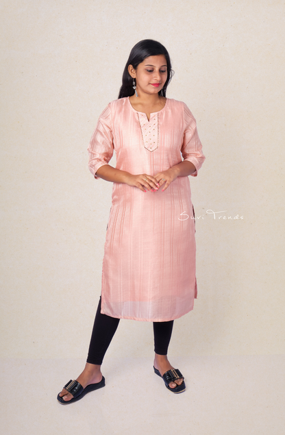 Solid Striped Kurta with Embellishment - Peach