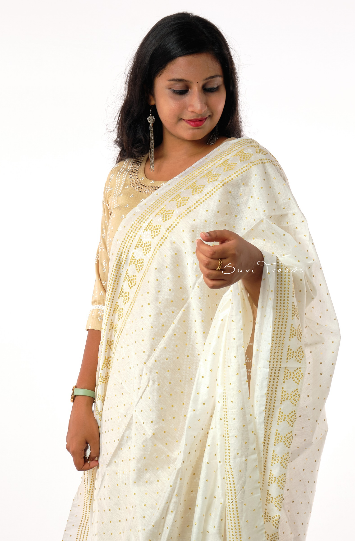 All Over Sequins Detailing Kurta with Dupatta - Beige