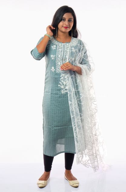 Contrast Floral Motif Embroidered Kurta with Embroidered Dupatta - Steal Blue