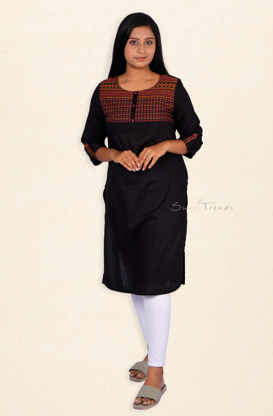 Straight Kurta with woven yoke - Black