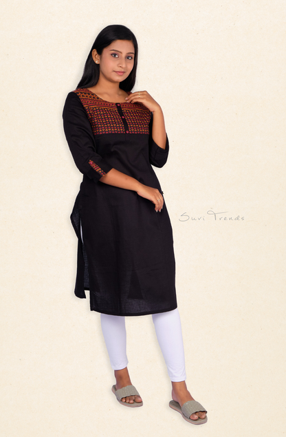 Straight Kurta with woven yoke - Black