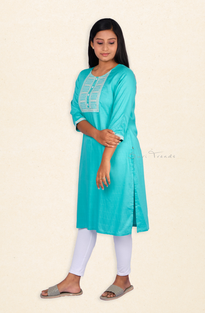 Embroidered Straight Kurta - Aqua Blue
