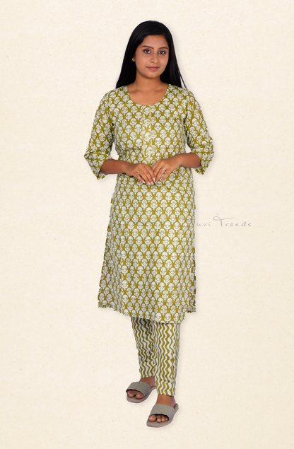 All Over Plant Motif Printed Kurta with Pant - Olive Green