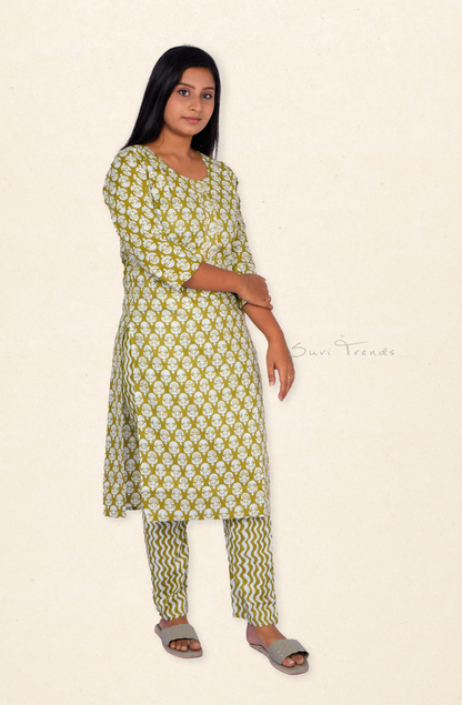 All Over Plant Motif Printed Kurta with Pant - Olive Green