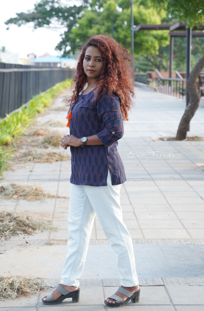 Handloom Ikat Top with Tassels - Blue