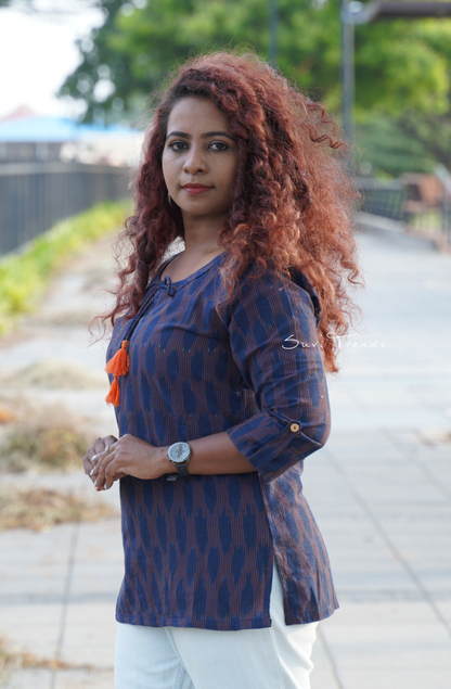 Handloom Ikat Top with Tassels - Blue