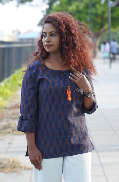 Handloom Ikat Top with Tassels - Blue