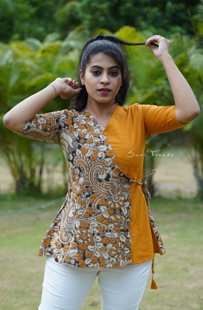 Angrakha Style Kalamkari Short Kurti - Mustard Yellow